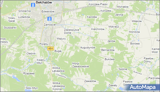 mapa Augustynów gmina Bełchatów, Augustynów gmina Bełchatów na mapie Targeo