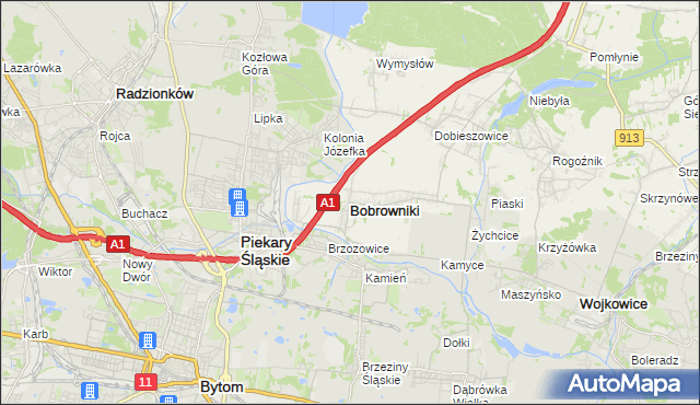 mapa Bobrowniki powiat będziński, Bobrowniki powiat będziński na mapie Targeo
