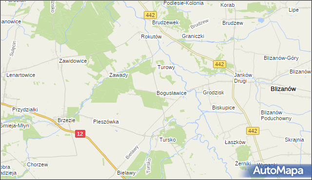 mapa Bogusławice gmina Gołuchów, Bogusławice gmina Gołuchów na mapie Targeo