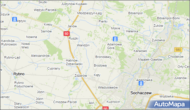 mapa Bronisławy gmina Sochaczew, Bronisławy gmina Sochaczew na mapie Targeo