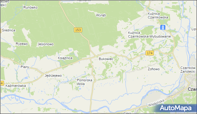 mapa Bukowiec gmina Czarnków, Bukowiec gmina Czarnków na mapie Targeo