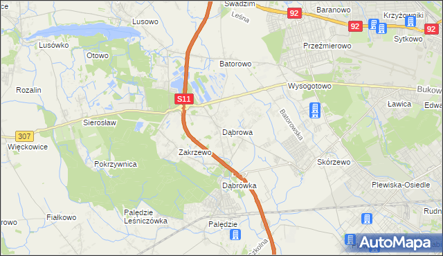 mapa Dąbrowa gmina Dopiewo, Dąbrowa gmina Dopiewo na mapie Targeo