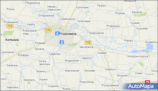 mapa Jakubowice gmina Proszowice, Jakubowice gmina Proszowice na mapie Targeo