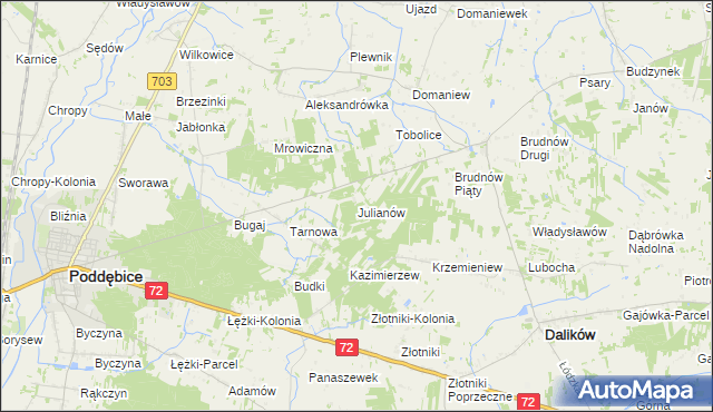 mapa Julianów gmina Dalików, Julianów gmina Dalików na mapie Targeo
