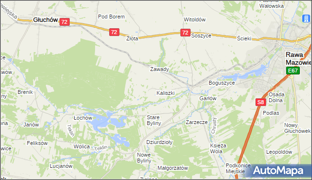 mapa Kaliszki gmina Rawa Mazowiecka, Kaliszki gmina Rawa Mazowiecka na mapie Targeo