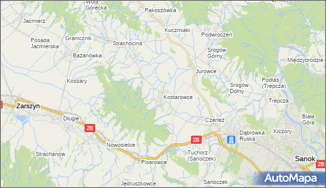 mapa Kostarowce, Kostarowce na mapie Targeo