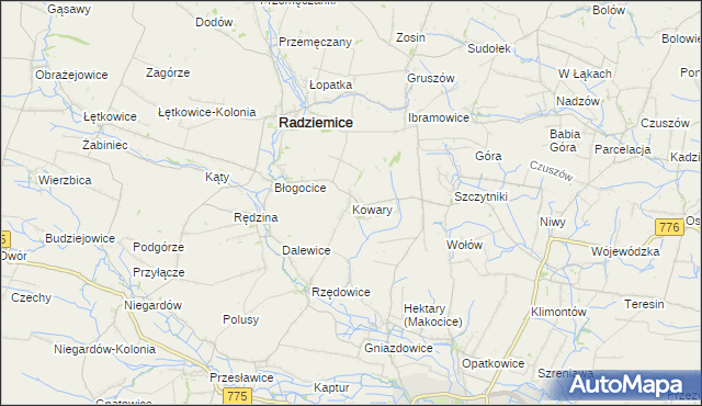mapa Kowary gmina Radziemice, Kowary gmina Radziemice na mapie Targeo