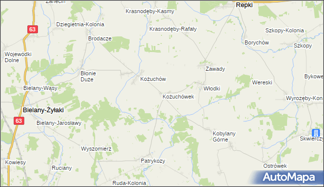 mapa Kożuchówek, Kożuchówek na mapie Targeo