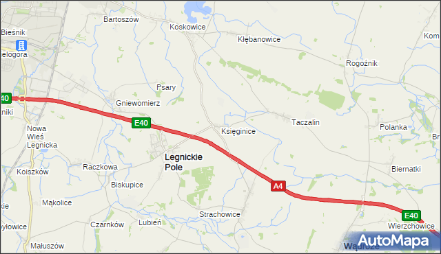 mapa Księginice gmina Legnickie Pole, Księginice gmina Legnickie Pole na mapie Targeo