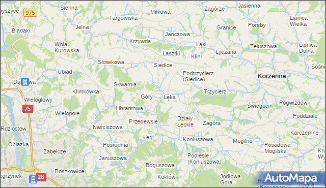 mapa Łęka gmina Korzenna, Łęka gmina Korzenna na mapie Targeo