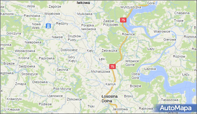 mapa Łęki gmina Łososina Dolna, Łęki gmina Łososina Dolna na mapie Targeo