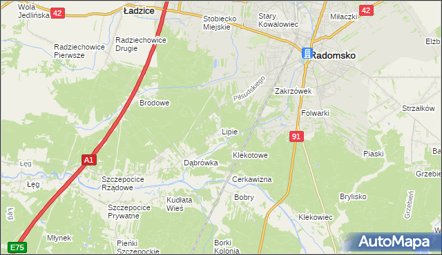 mapa Lipie gmina Radomsko, Lipie gmina Radomsko na mapie Targeo