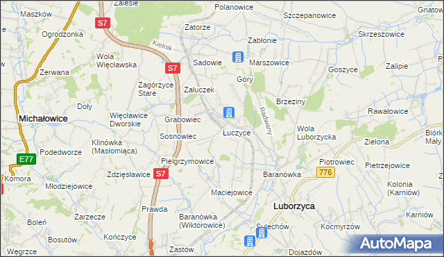 mapa Łuczyce gmina Kocmyrzów-Luborzyca, Łuczyce gmina Kocmyrzów-Luborzyca na mapie Targeo