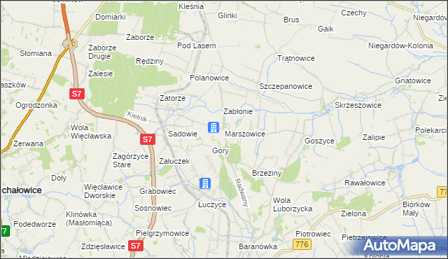 mapa Marszowice gmina Kocmyrzów-Luborzyca, Marszowice gmina Kocmyrzów-Luborzyca na mapie Targeo