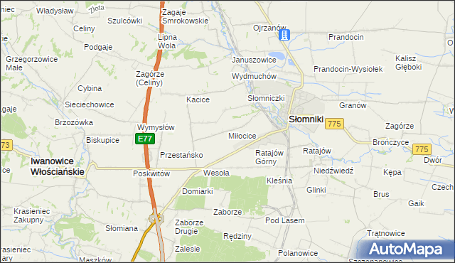 mapa Miłocice gmina Słomniki, Miłocice gmina Słomniki na mapie Targeo