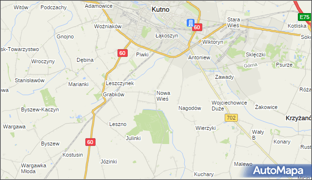 mapa Nowa Wieś gmina Kutno, Nowa Wieś gmina Kutno na mapie Targeo