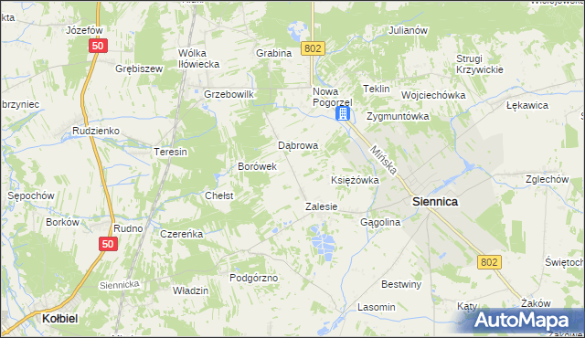 mapa Nowe Zalesie gmina Siennica, Nowe Zalesie gmina Siennica na mapie Targeo