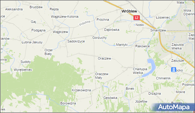 mapa Oraczew gmina Wróblew, Oraczew gmina Wróblew na mapie Targeo