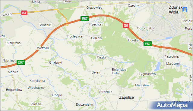 mapa Piaski gmina Zduńska Wola, Piaski gmina Zduńska Wola na mapie Targeo