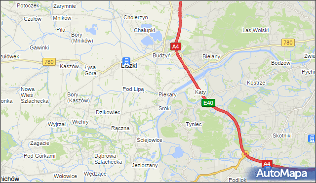 mapa Piekary gmina Liszki, Piekary gmina Liszki na mapie Targeo