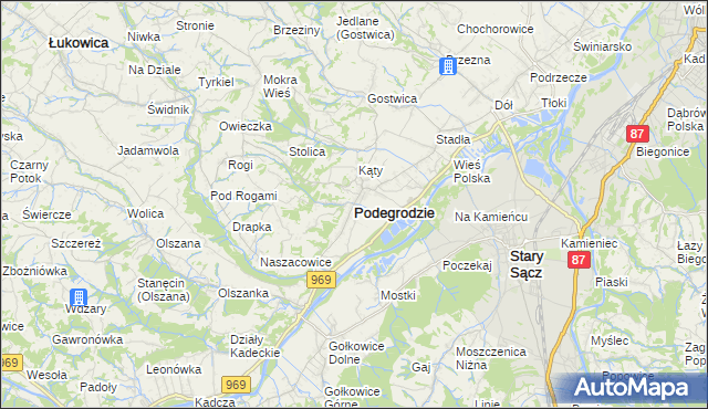 mapa Podegrodzie powiat nowosądecki, Podegrodzie powiat nowosądecki na mapie Targeo