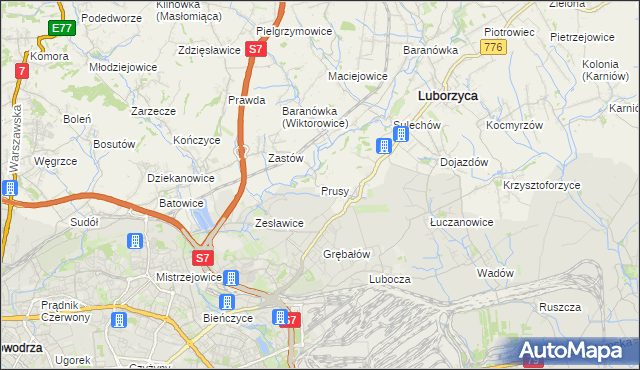 mapa Prusy gmina Kocmyrzów-Luborzyca, Prusy gmina Kocmyrzów-Luborzyca na mapie Targeo