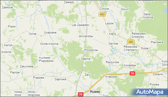 mapa Przyborów gmina Widawa, Przyborów gmina Widawa na mapie Targeo