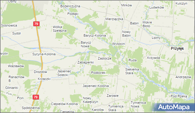 mapa Zastocze gmina Zwoleń, Zastocze gmina Zwoleń na mapie Targeo