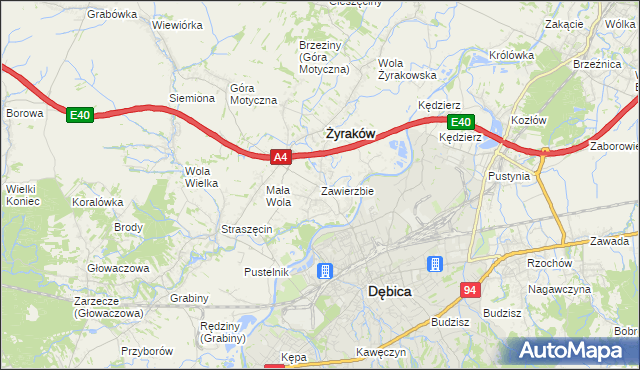 mapa Zawierzbie gmina Żyraków, Zawierzbie gmina Żyraków na mapie Targeo