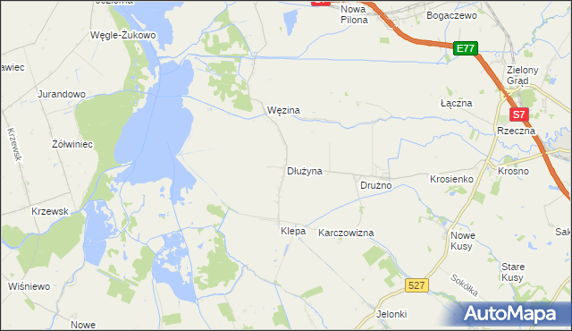 mapa Dłużyna gmina Elbląg, Dłużyna gmina Elbląg na mapie Targeo