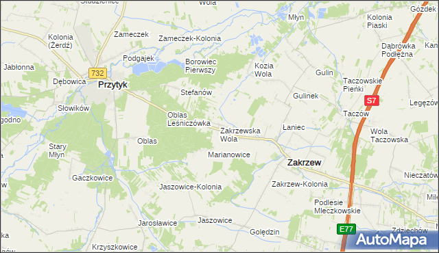 mapa Zakrzewska Wola gmina Zakrzew, Zakrzewska Wola gmina Zakrzew na mapie Targeo