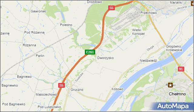 mapa Dworzysko gmina Świecie, Dworzysko gmina Świecie na mapie Targeo