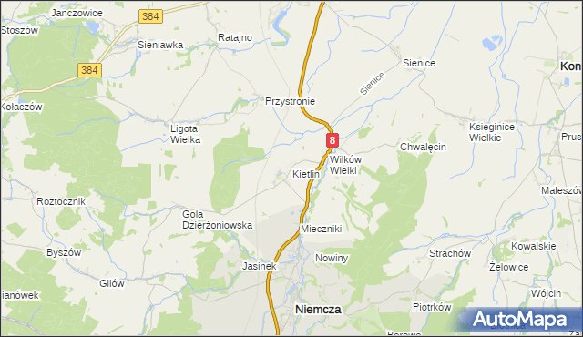 mapa Kietlin gmina Niemcza, Kietlin gmina Niemcza na mapie Targeo