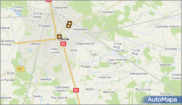 mapa Łazy gmina Łuków, Łazy gmina Łuków na mapie Targeo