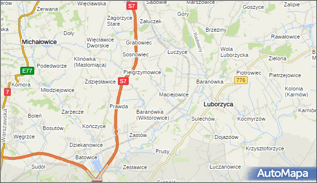 mapa Maciejowice gmina Kocmyrzów-Luborzyca, Maciejowice gmina Kocmyrzów-Luborzyca na mapie Targeo