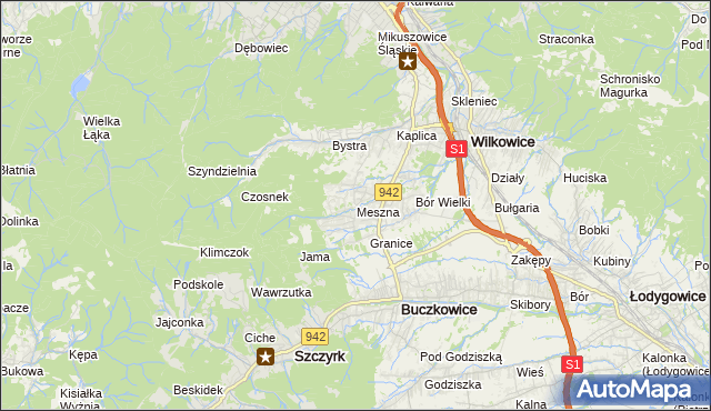 mapa Meszna gmina Wilkowice, Meszna gmina Wilkowice na mapie Targeo