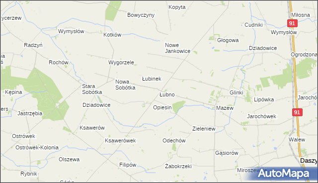 mapa Łubno gmina Daszyna, Łubno gmina Daszyna na mapie Targeo