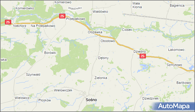 mapa Dębiny gmina Sośno, Dębiny gmina Sośno na mapie Targeo