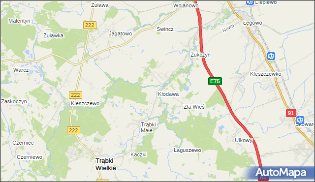 mapa Kłodawa gmina Trąbki Wielkie, Kłodawa gmina Trąbki Wielkie na mapie Targeo