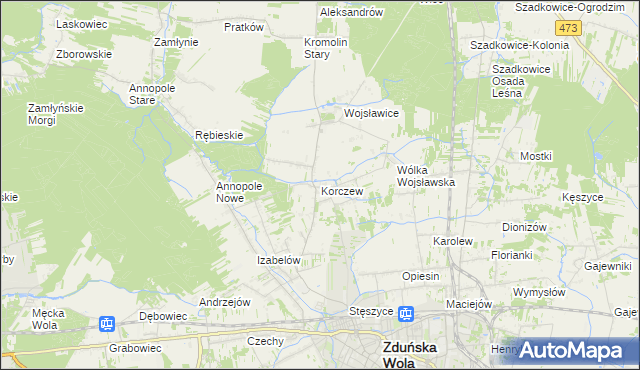 mapa Korczew gmina Zduńska Wola, Korczew gmina Zduńska Wola na mapie Targeo