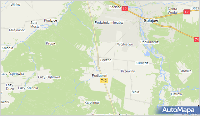 mapa Łęczno gmina Sulejów, Łęczno gmina Sulejów na mapie Targeo