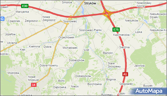 mapa Ługi gmina Stryków, Ługi gmina Stryków na mapie Targeo