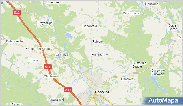 mapa Pomorzany gmina Bobolice, Pomorzany gmina Bobolice na mapie Targeo