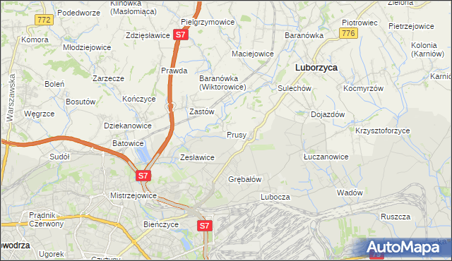 mapa Prusy gmina Kocmyrzów-Luborzyca, Prusy gmina Kocmyrzów-Luborzyca na mapie Targeo