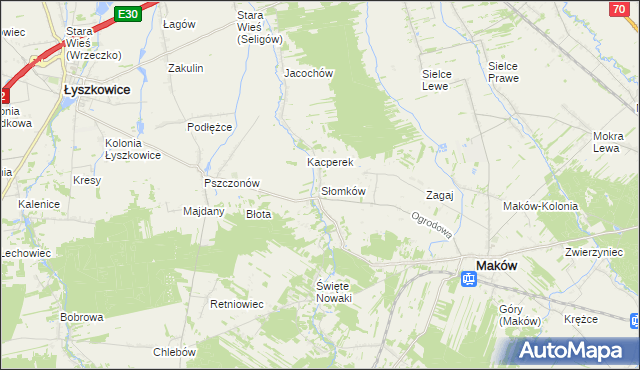 mapa Słomków gmina Maków, Słomków gmina Maków na mapie Targeo