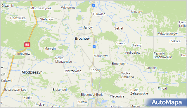 mapa Malanowo gmina Brochów, Malanowo gmina Brochów na mapie Targeo