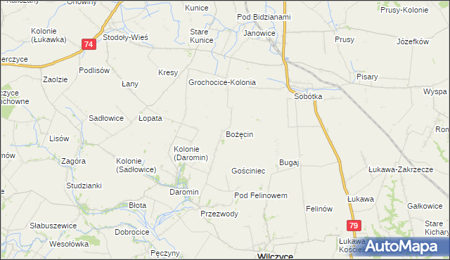 mapa Bożęcin gmina Wilczyce, Bożęcin gmina Wilczyce na mapie Targeo