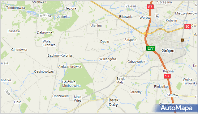 mapa Wilczogóra gmina Belsk Duży, Wilczogóra gmina Belsk Duży na mapie Targeo