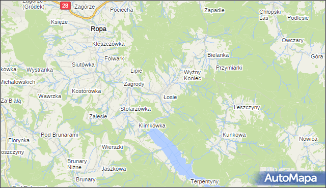 mapa Łosie gmina Ropa, Łosie gmina Ropa na mapie Targeo