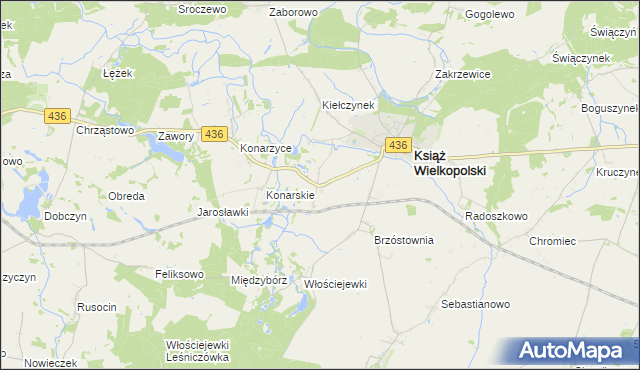 mapa Kiełczyn gmina Książ Wielkopolski, Kiełczyn gmina Książ Wielkopolski na mapie Targeo